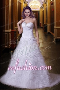 Cheap One Shoulder Brush Train Appliques Wedding Dress with Lace Up