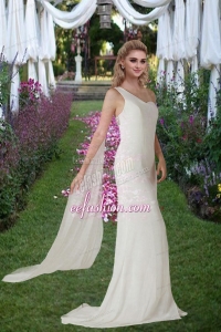 Column One Shoulder Beading Bridal Dresses with Watteau Train