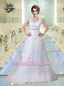 Elegant Lace V Neck Beading Wedding Dresses with Court Train