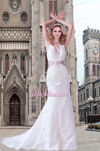 Exquisite Halter A Line Beading Wedding Dress with Watteau Train
