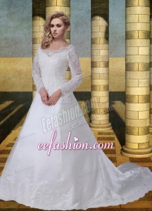 Lace A Line V Neck Long Sleeves Lace Wedding Dresses with Court Train