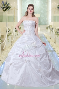 Modest A Line Strapless Court Train Wedding Dress with Embroidery