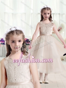 Most Popular Scoop Champagne Cute Flower Girl Dresses with Appliques