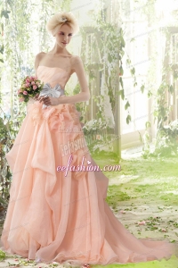 Peach Princess Court Train Strapless Ruffles Wedding Dresses