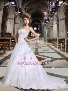 Romantic Sweetheart A Line Court Train Wedding Dress with Embroidery