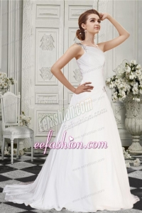 Simple A Line One Shoulder Court Train Wedding Dress with Beading