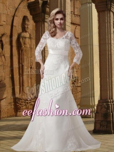 White A Line V Neck Court Train 2014 Wedding Dress with 3/4 Sleeves