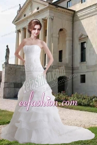 White Hand Made Flowers Court Train Wedding Dresses with Ruffled Layers