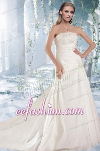 White Princess Strapless Court Train Wedding Dresses with Beading