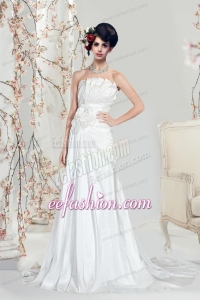 A Line Strapless Hand Made Flower Wedding Dresses with Court Train