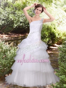 Discount A Line Court Train Beading Wedding Dress with One Shoulder