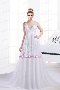 Fashionable A Line V Neck Ruching Wedding Dresses with Chapel Train