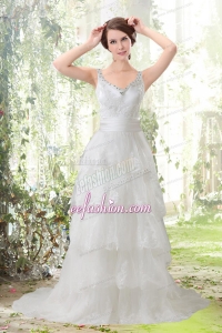 Lace Column Scoop Ruffled Layers Wedding Dresses with Brush Train