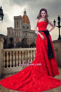 Red A Line Strapless Chapel Train Beading and Sash Wedding Dress