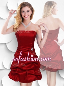 2016 Latest Strapless Taffeta Wine Red Bridesmaid Dress with Bubles