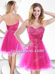 2016 Lovely Short Hot Pink Prom Dress with Beading and Hand Made Flowers