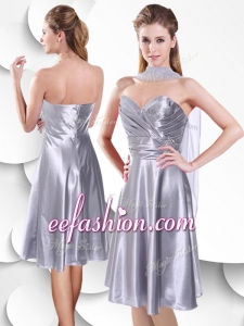New Style Empire Elastic Woven Satin Silver Dama Dress with Beading and Ruching