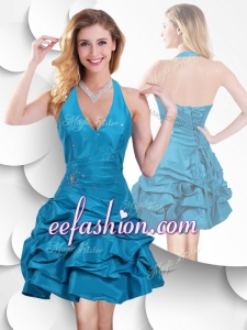 New Style Halter Top Taffeta Teal Dama Dress with Bubles