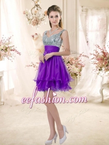 New Style Straps Short Purple Dama Dresses with Sequins