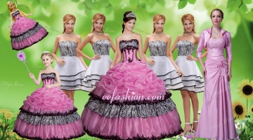 Luxurious Applique Zebra Rose Pink Quinceanera Dress and Strapless White Dama Dresses and Pick Ups Mini Quinceanera Dres
