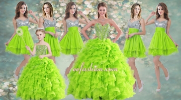 Visible Boning Yellow Green Quinceanera Gown and Sequined Short Dama Dresses and Beaded and Ruffled Mini Quinceanera Dre