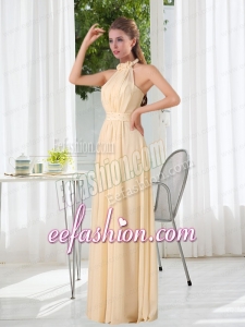 Popular Empire Halter Ruching Bridesmaid Dress with Hand Made Flowers