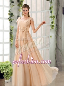 Scoop Ruching Cap Sleeves Chiffon Bridesmaid Dresses in Champagne
