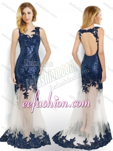 2016 Beautiful Sequined and Applique Navy Blue Bridesmaid Dress with Brush Train
