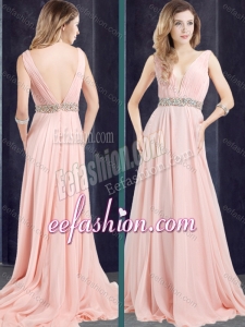 2016 Cheap Chiffon Belted with Beading Prom Dress with Deep V Neckline
