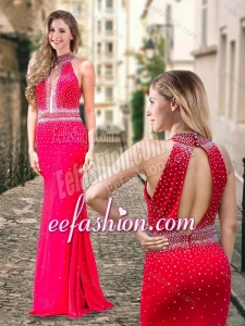 2016 Column High Neck Backless Beaded Coral Red Cheap Prom Dress