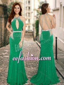 2016 Column High Neck Backless Green Bridesmaid Dress with Beading
