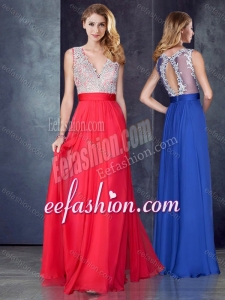 2016 Empire V Neck Red Cheap Prom Dress with Appliques and Beading
