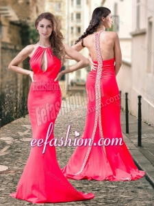 2016 Exclusive High Neck Coral Red Cheap Prom Dress with Brush Train