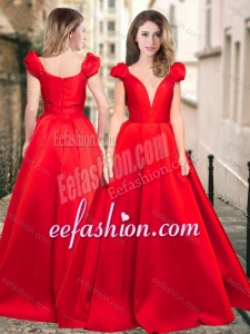 2016 Exquisite Deep V Neckline Cap Sleeves Cheap Prom Dress in Red