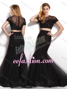 2016 Hot Sale Two Piece Scoop Black Cheap Prom Dress with Short Sleeves