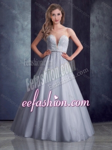 2016 Latest See Through A Line Belted with Beading Bridesmaid Dress in Grey