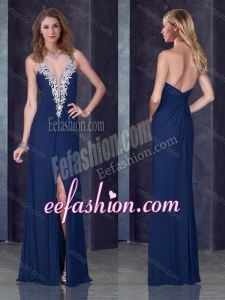 2016 Navy Blue Halter Top Bridesmaid Dress with High Slit and Appliques