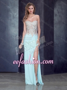 2016 Romantic Sweetheart Light Blue Cheap Prom Dress with High Slit and Appliques