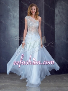 2016 See Through Back One Shoulder Applique Bridesmaid Dress in Light Blue