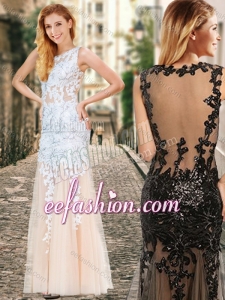 2016 See Through Back Scoop Champagne Cheap Prom Dress with Appliques