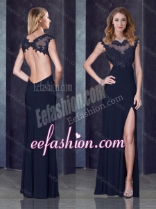 2016 Column Backless Applique Black Stylish Prom Dress with Beading and High Slit