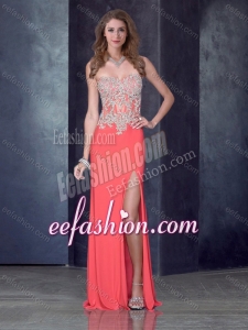 2016 Column Watermelon Red Formal Prom Dress with High Slit and Appliques