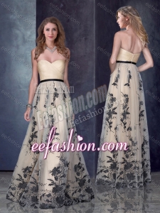 2016 Custom Designed Empire Belted and Printed Formal Prom Dress in Champagne