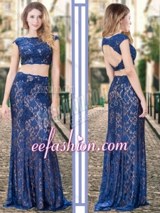 2016 Formal Bateau Backless Royal Blue Prom Dress in Lace