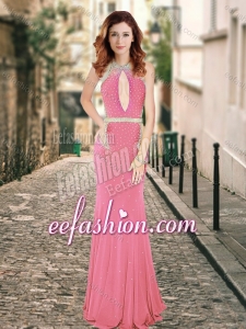 2016 High Neck Beaded Backless Pink Formal Prom Dress with Brush Train