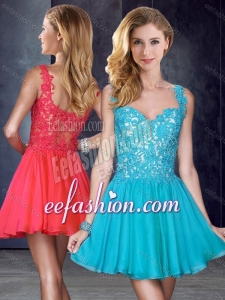 2016 New Style Straps Short Teal Formal Prom Dress with Appliques