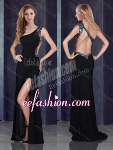 2016 One Shoulder Backless Black Formal Prom Dress with Beading and High Slit