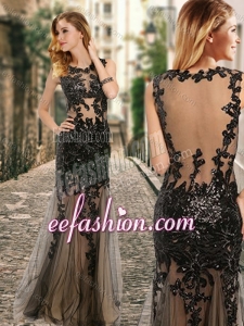 2016 See Through Back Scoop Black Prom Dress with Appliques in Tulle
