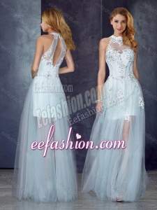2016 Short Inside Long Outside High Neck Light Blue Formal Prom Dress with Appliques and Beading