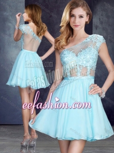 2016 Stylish See Through One Shoulder Applique Prom Dress in Aqua Blue